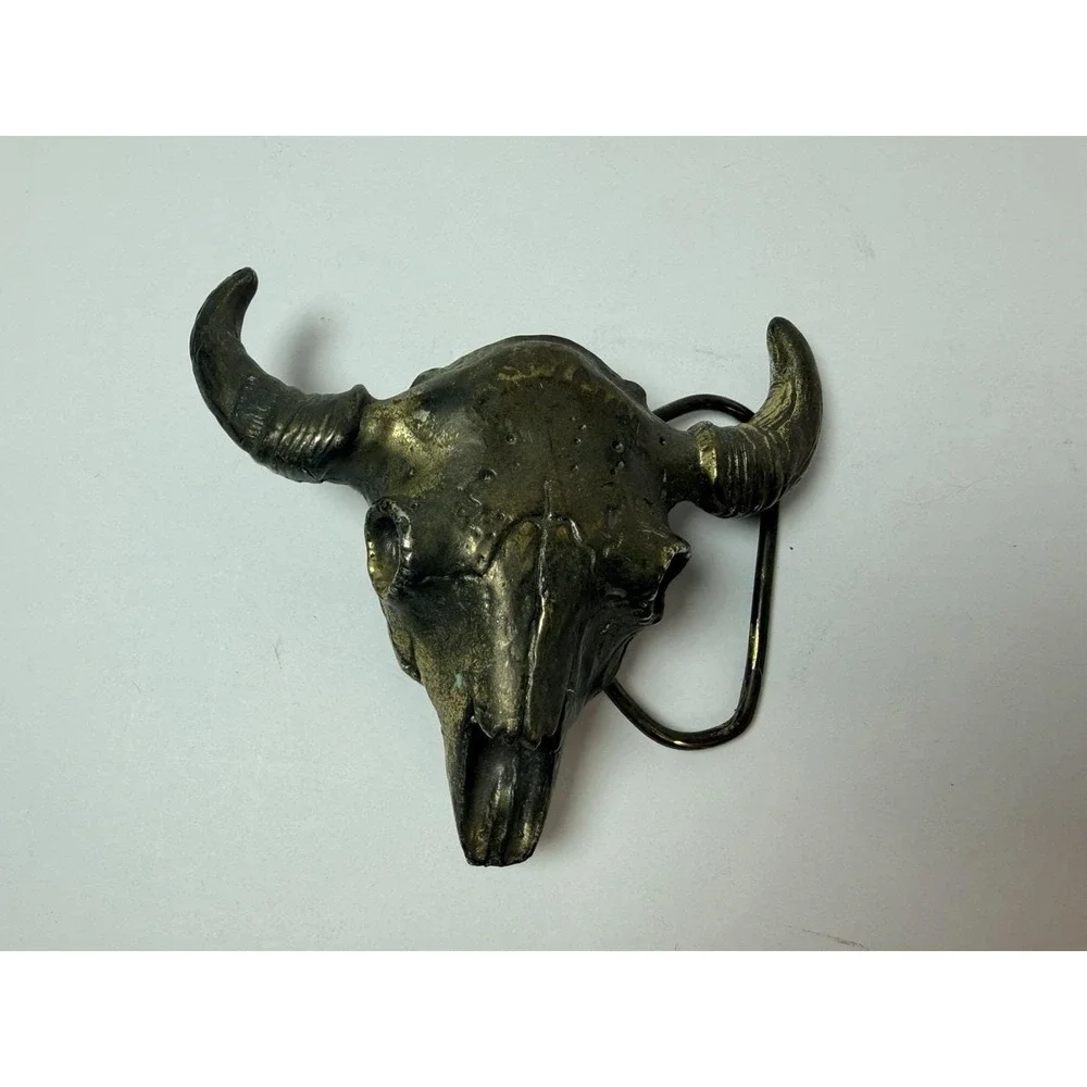 Texas Longhorn Solid Brass Belt Buckle‎ Bull Steer Cow Skull Vintage